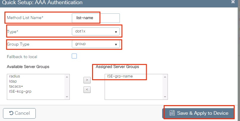 Configuration de la liste de méthodes AAA