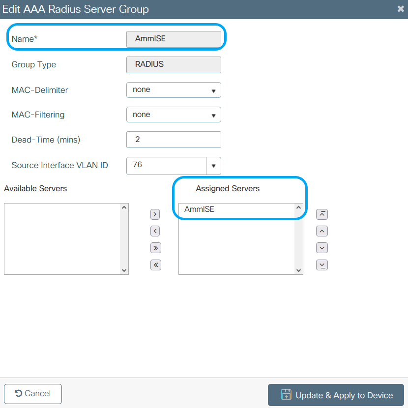 Edit AAA RADIUS Server Group