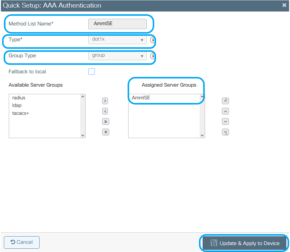 Settings for the Authentication Method List