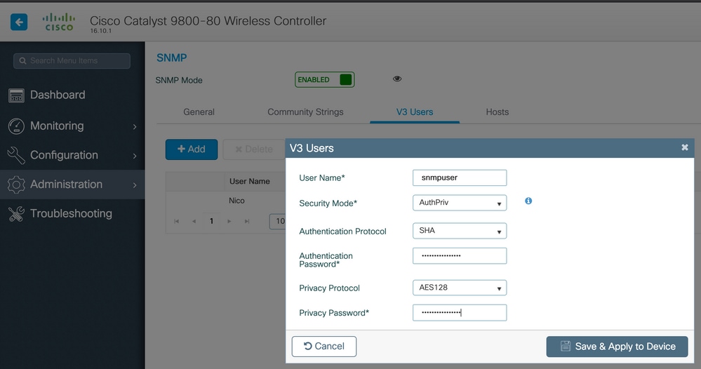 Saisir les détails utilisateur SNMPv3