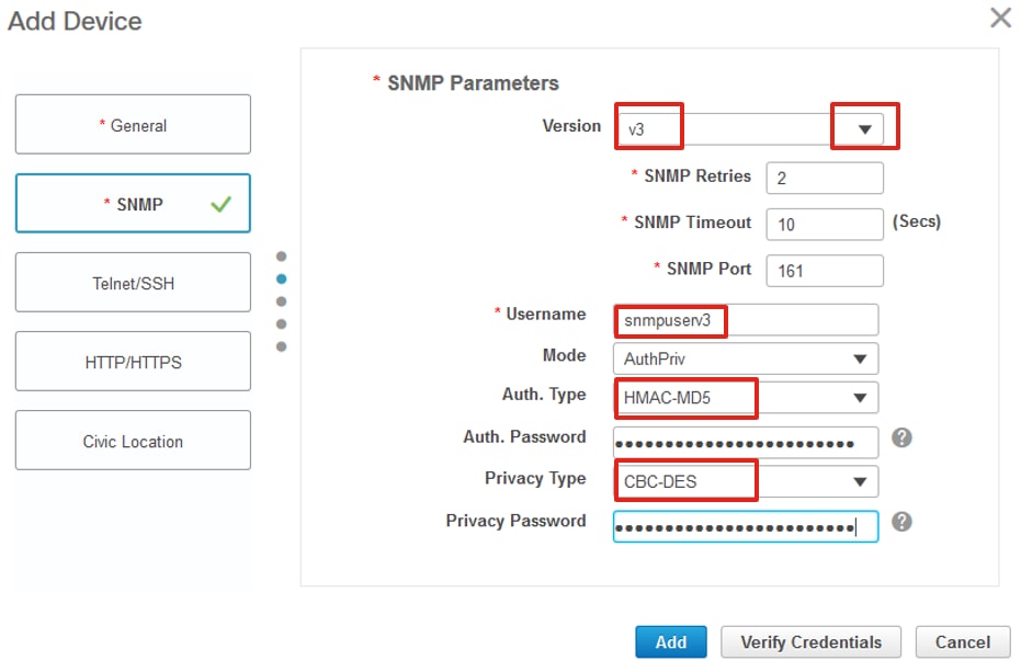 Saisissez les détails SNMPv3