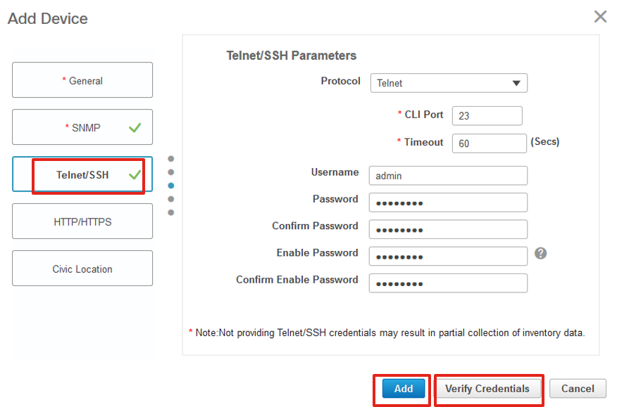 Ajouter des informations d'identification Telnet/SSH au périphérique