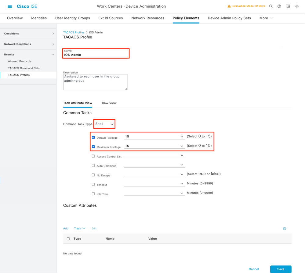 TACACS - ISE - Configuração de perfil TACACS