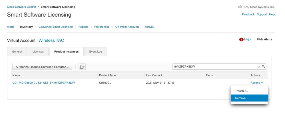 Captura de tela do portal Smart Licensing