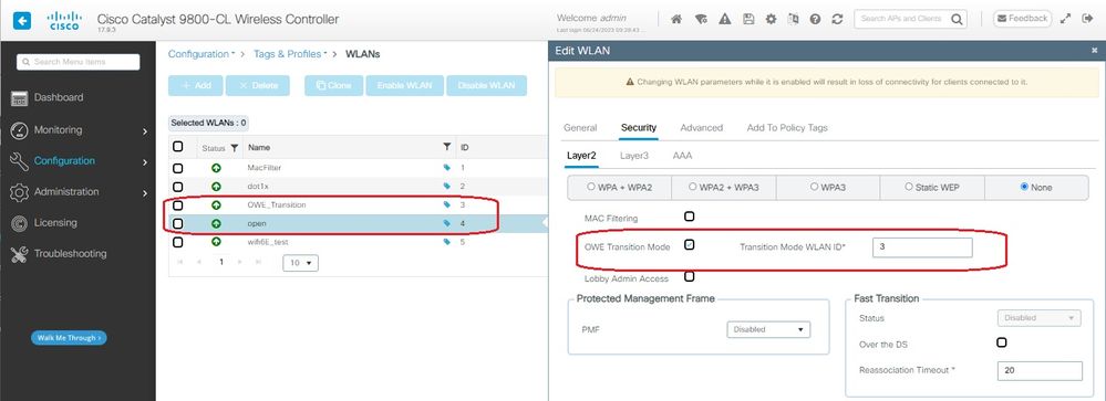 Modo de transição OWE Abrir segurança de WLAN