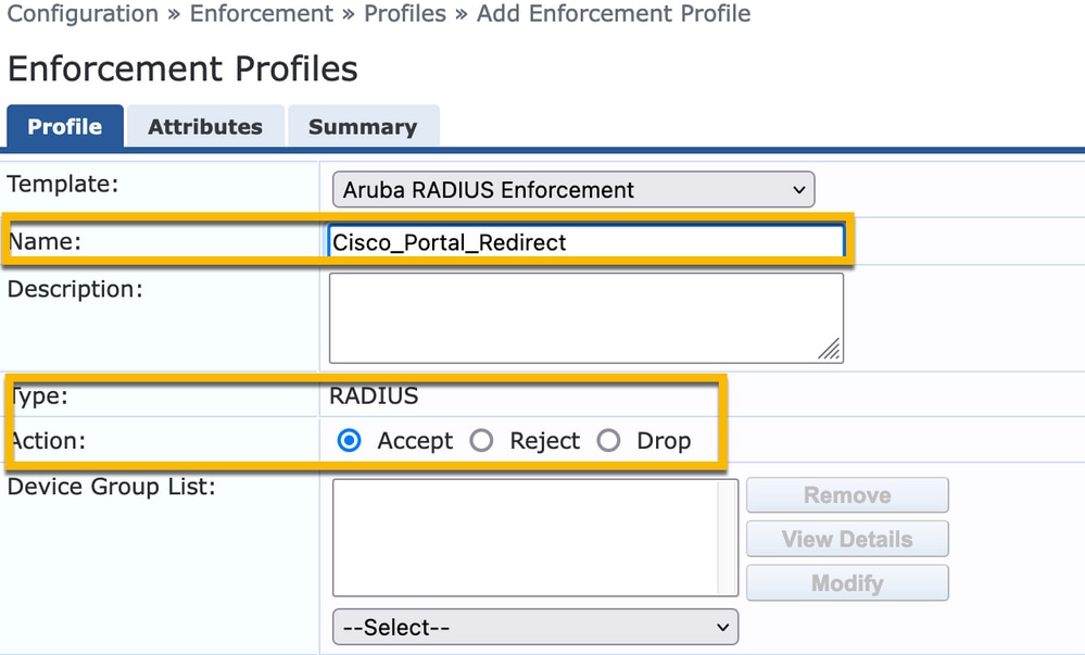 Perfil de Imposição de Redirecionamento ClearPass