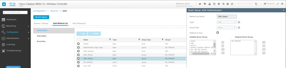 AAA Authentication method configuration