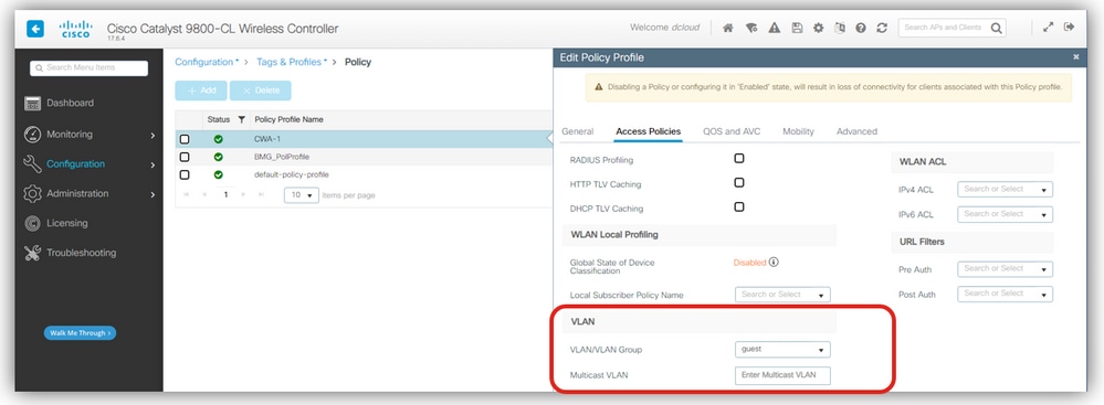 VLAN in the policy profile