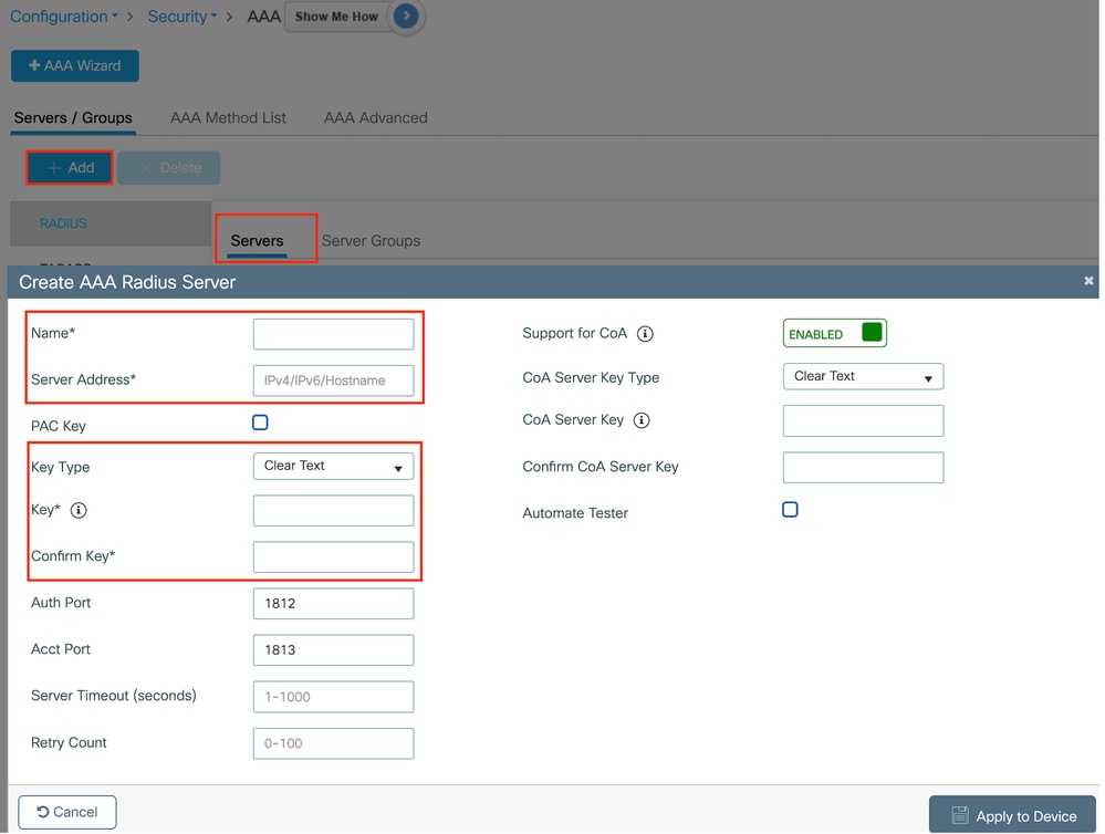 Configuração de servidor RADIUS