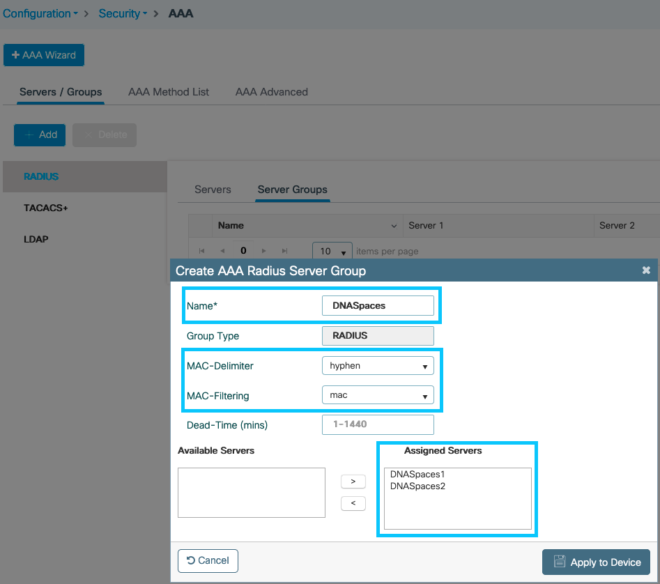 Crear grupo de servidores AAA Radius