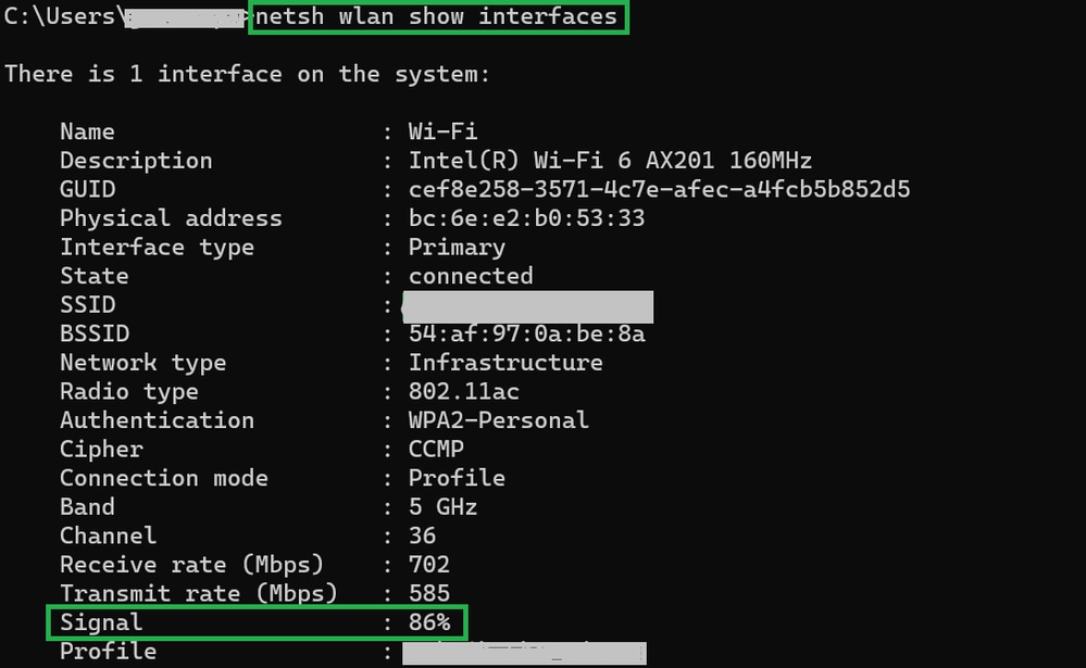 Comando per verificare la potenza del segnale su un PC Windows