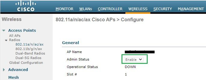 無線802.11aのアクセスポイントの管理ステータス