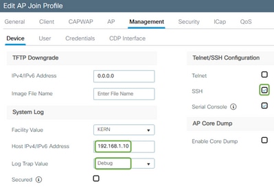 9800 GUI:AP加入プロファイルの編集：syslog設定の更新