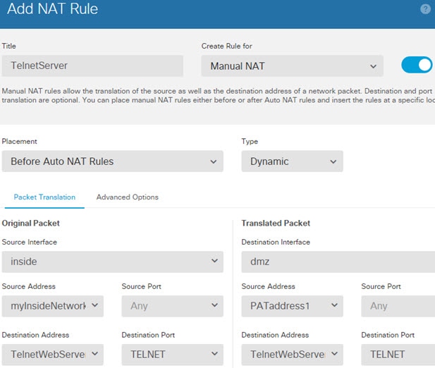 TelnetServer NAT rule.