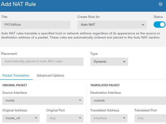 PAT64 NAT rule.