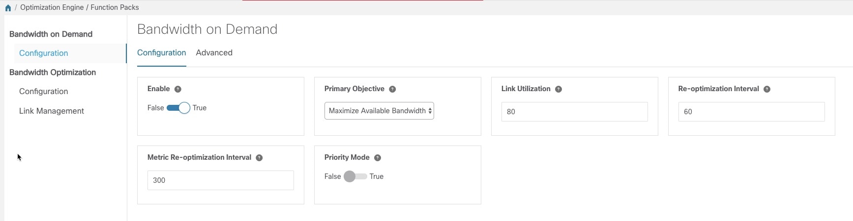 Bandwidth on Demand Configuration Window