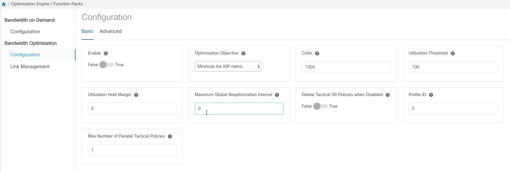 Bandwidth Optimization Configuration Window