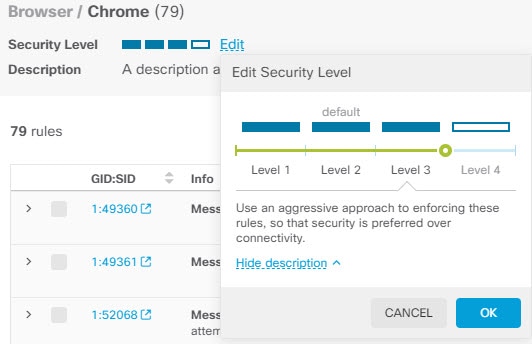 Changing the security level for an existing rule group.