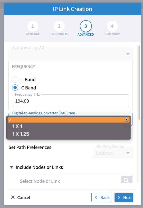 IP Link Creation Wizard-Advanced settings - DAC rate