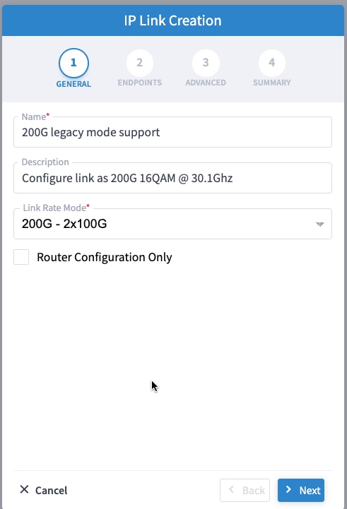 IP Link Creation Wizard - General - 200G 16-QAM config