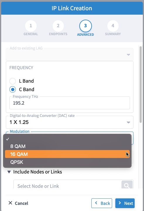 IP Link Creation Wizard-Advanced settings - 200G 16-QAM