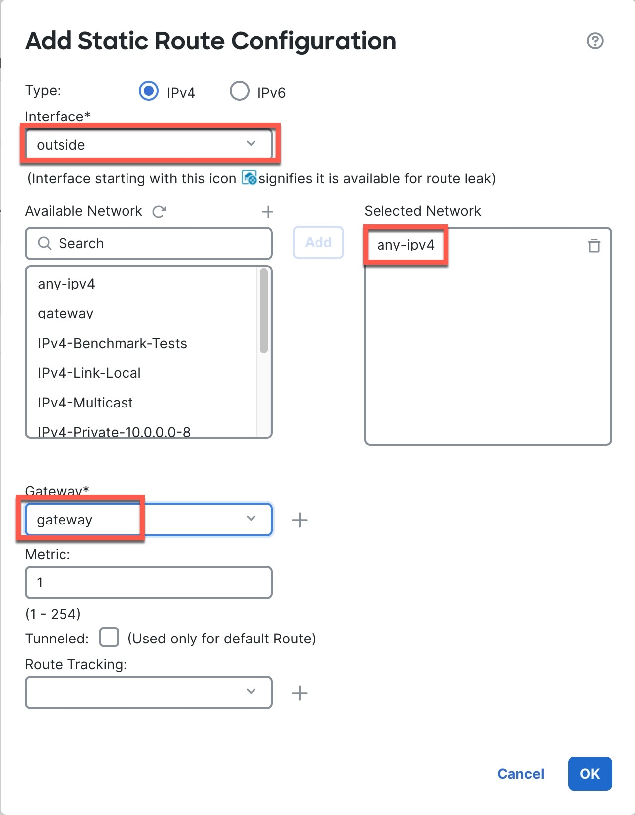 Add Static Route Configuration