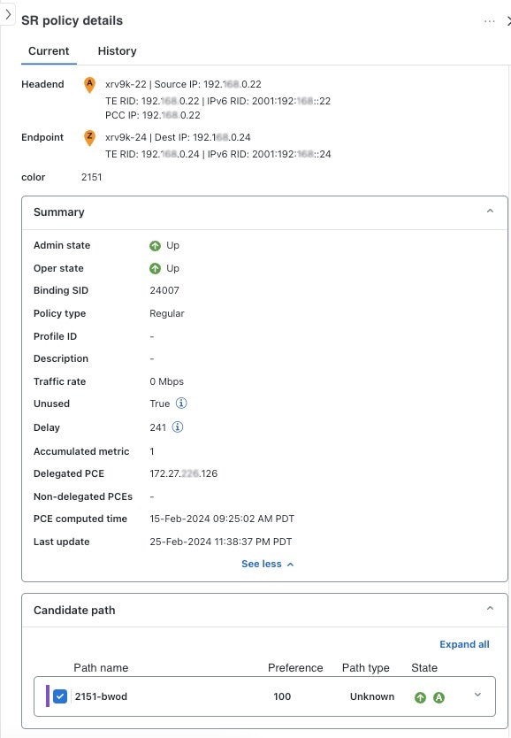 SR Policy Details - Headend, Endpoint, and Summary