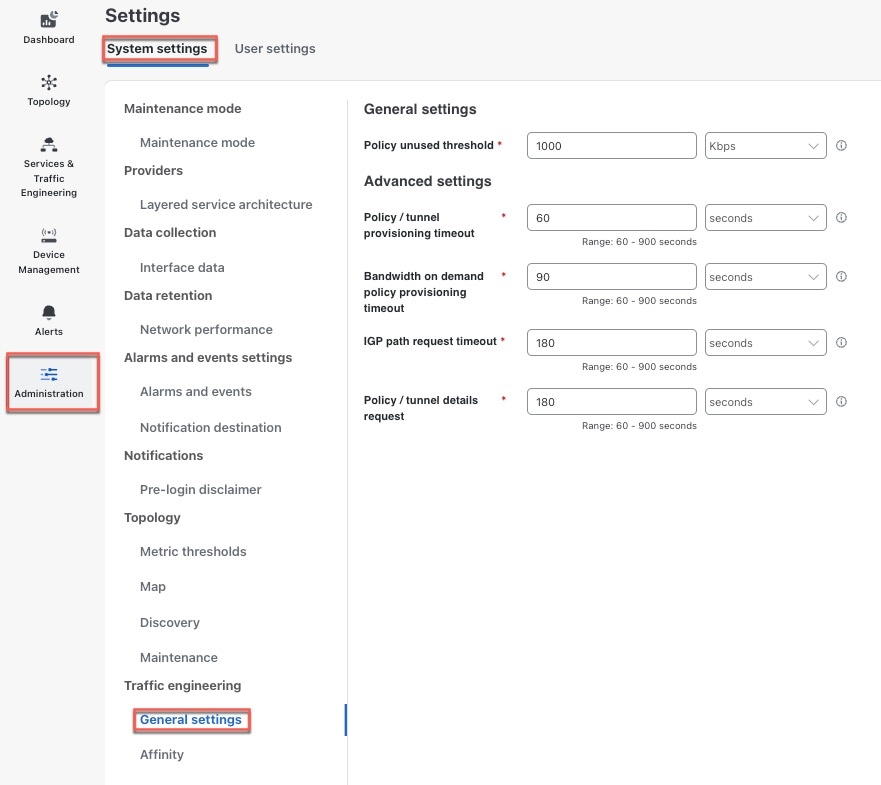 Traffic Engineering Timeout Settings