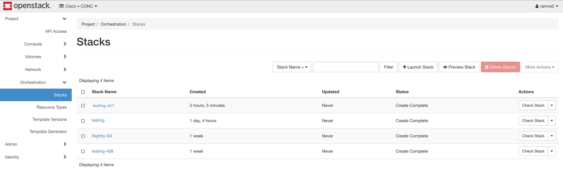 screenshot of OpenStack Stacks screen