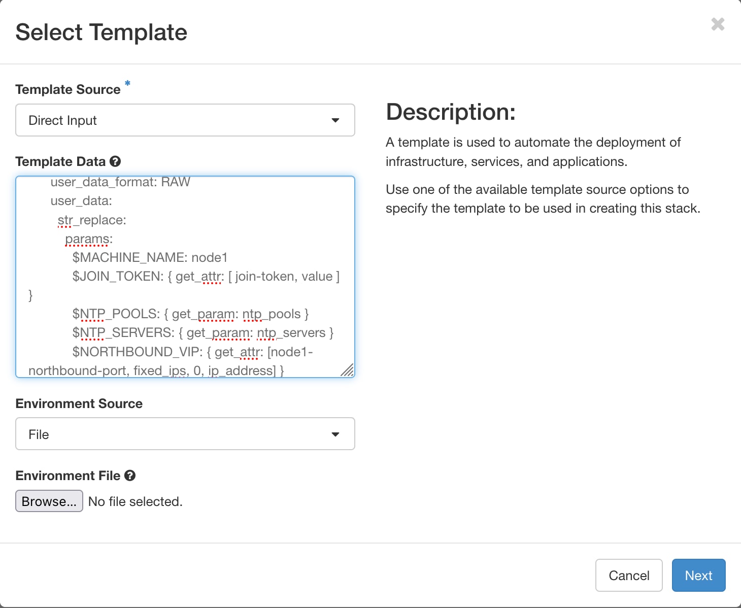 screenshot of OpenStack Stacks Select Template screen