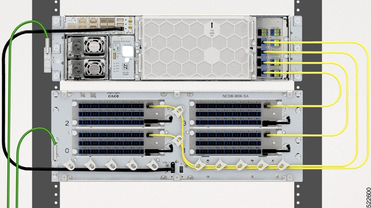 The USB 2.0 cable routes to the left side and MPO cables route to the right side of the breakout panel to the NCS 1010.