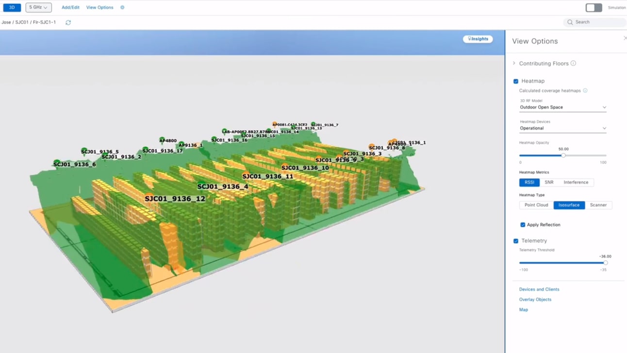 Office layout showing Cisco Catalyst Center wireless 3D analyzer's heat map